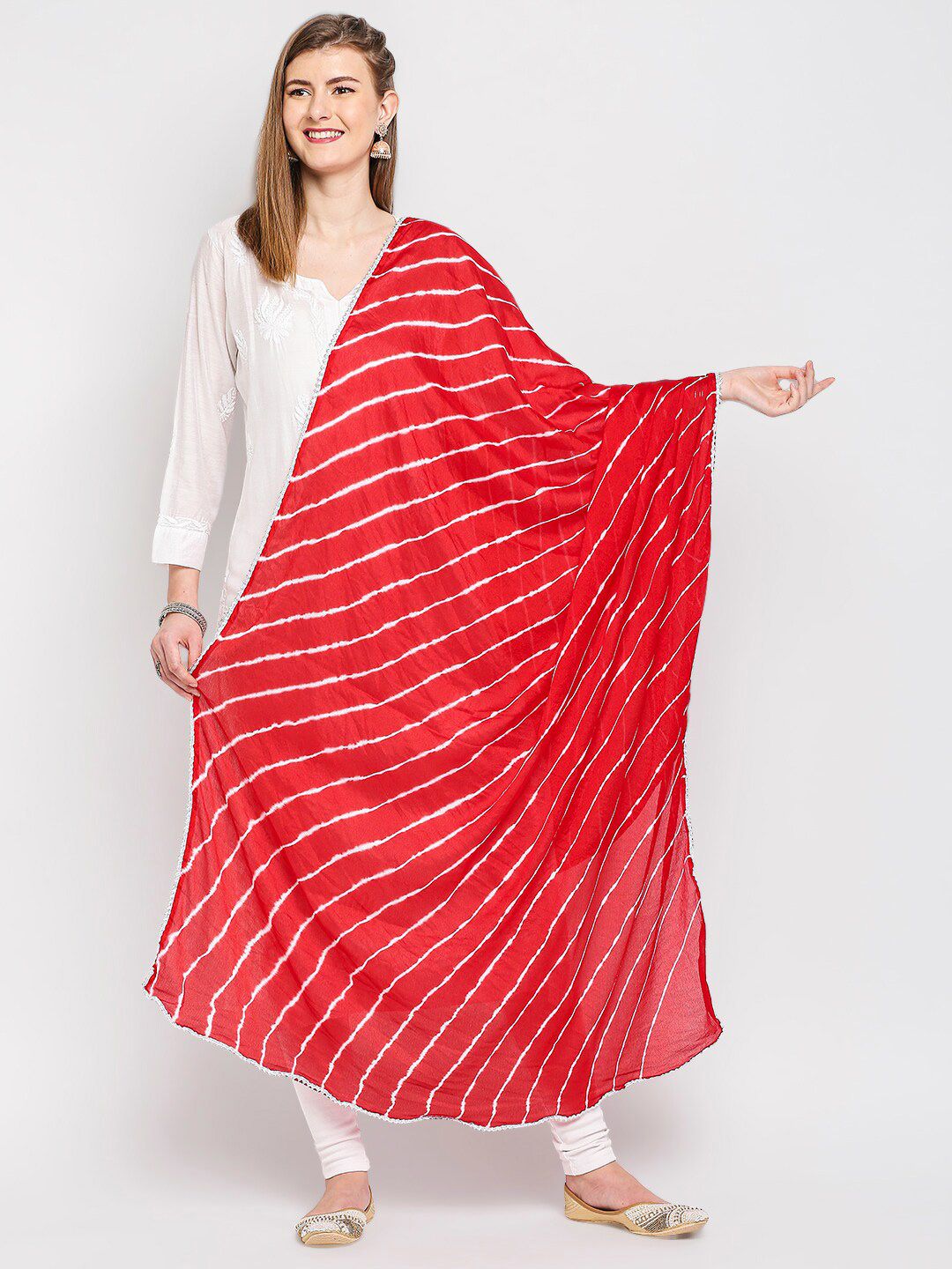 Dupatta Bazaar Red & White Striped Leheriya Tie and Dye Dupatta Price in India