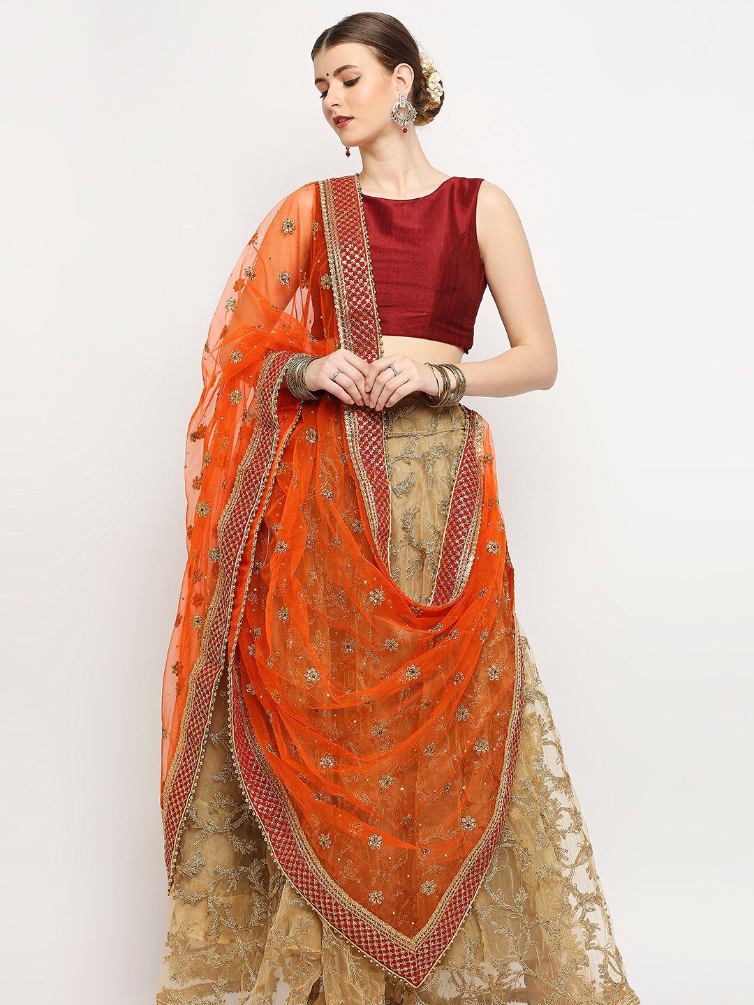 Dupatta Bazaar Orange Ethnic Motifs Embroidered Zardozi Dupatta