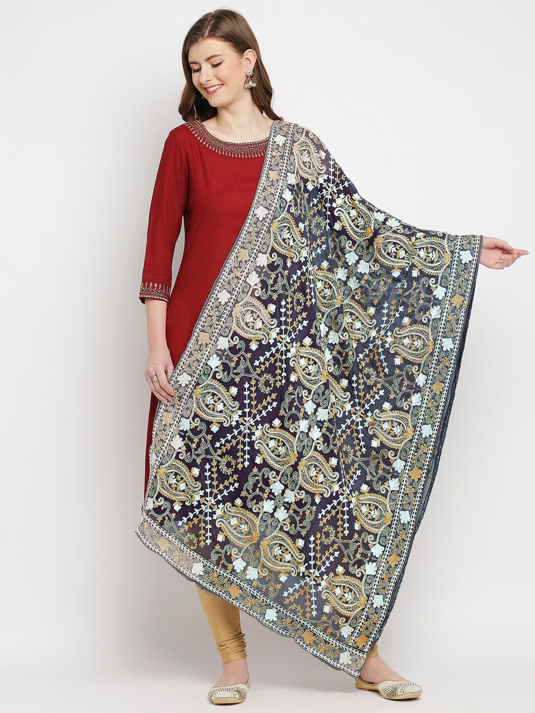 Dupatta Bazaar Grey Ethnic Motifs Embroidered Dupatta with Thread Work Price in India