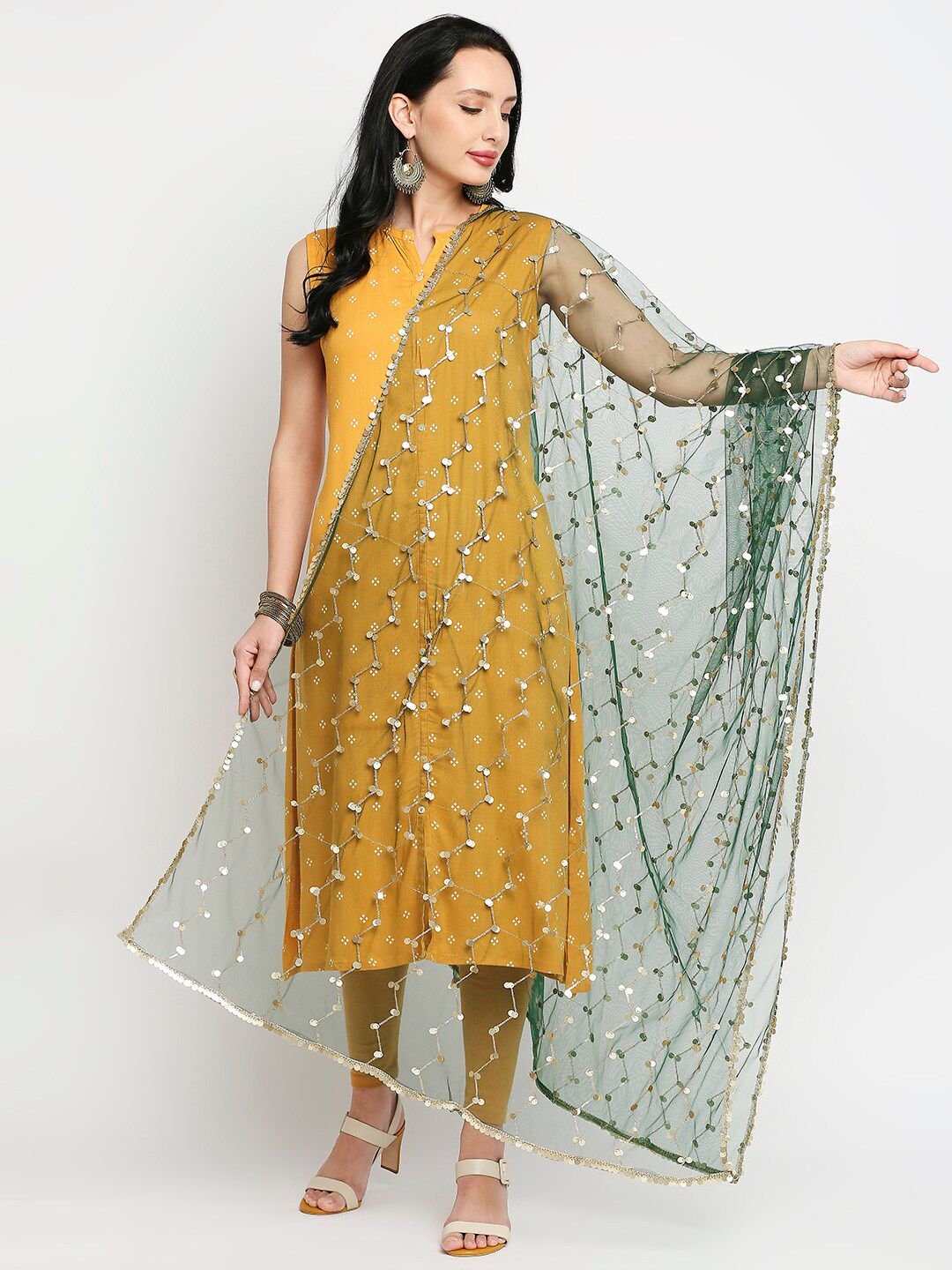 Dupatta Bazaar Green & Gold-Toned Embroidered Dupatta with Sequinned Price in India