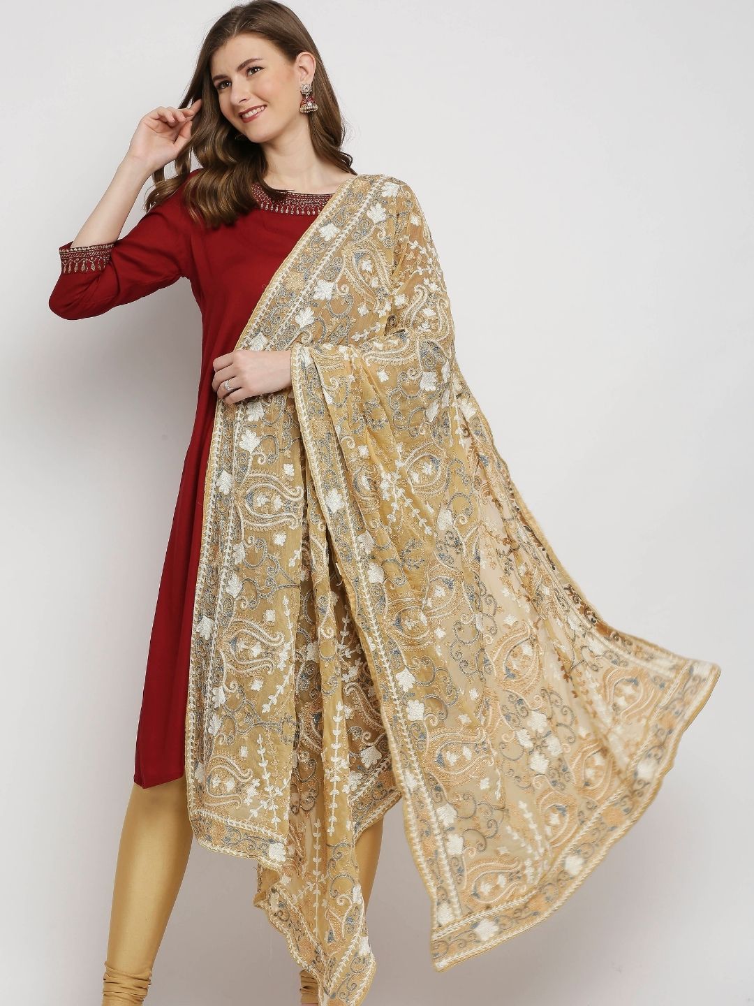 Dupatta Bazaar Beige & White Kashmiri Embroidered Dupatta with Thread Work Price in India