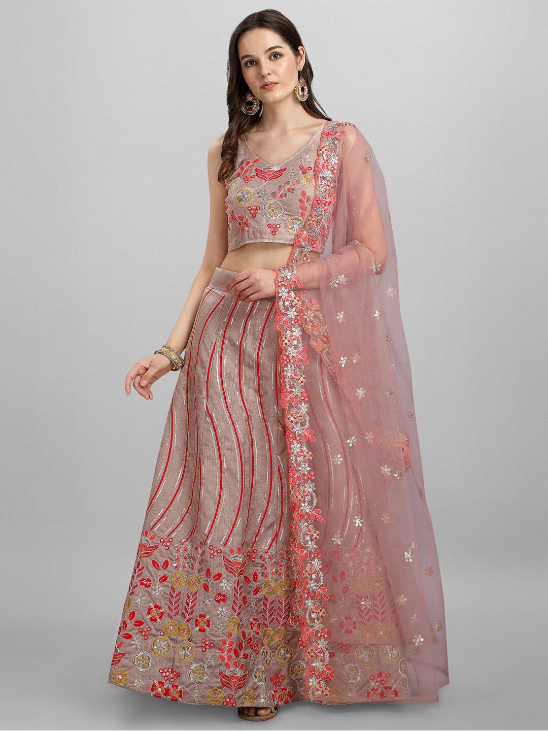 JATRIQQ Beige & Red Embroidered Semi-Stitched Lehenga & Unstitched Blouse With Dupatta