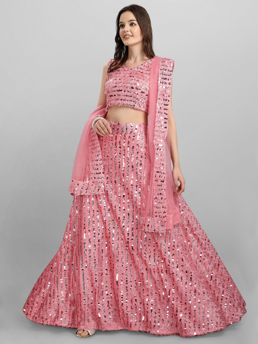 JATRIQQ Pink Embellished Semi-Stitched Lehenga & Unstitched Blouse With Dupatta Price in India
