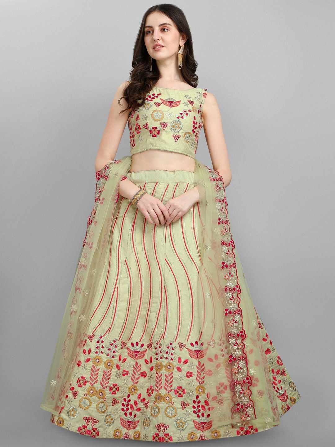 JATRIQQ Green & Maroon Embroidered Thread Work Semi-Stitched Lehenga & Unstitched Blouse With Dupatta Price in India