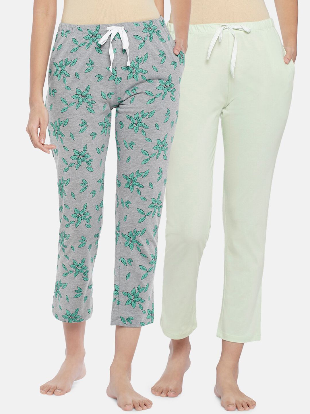 Dreamz by Pantaloons Women Set of 2 Grey & Green Printed Cotton Lounge Pants Price in India