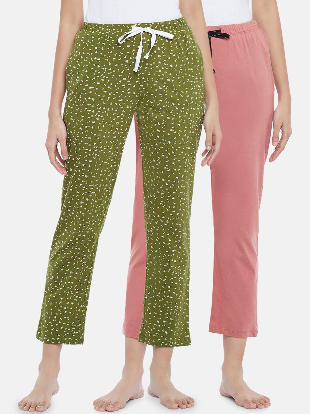 Dreamz by Pantaloons Women Set of 2 Green & Pink Printed Cotton Lounge Pants Price in India