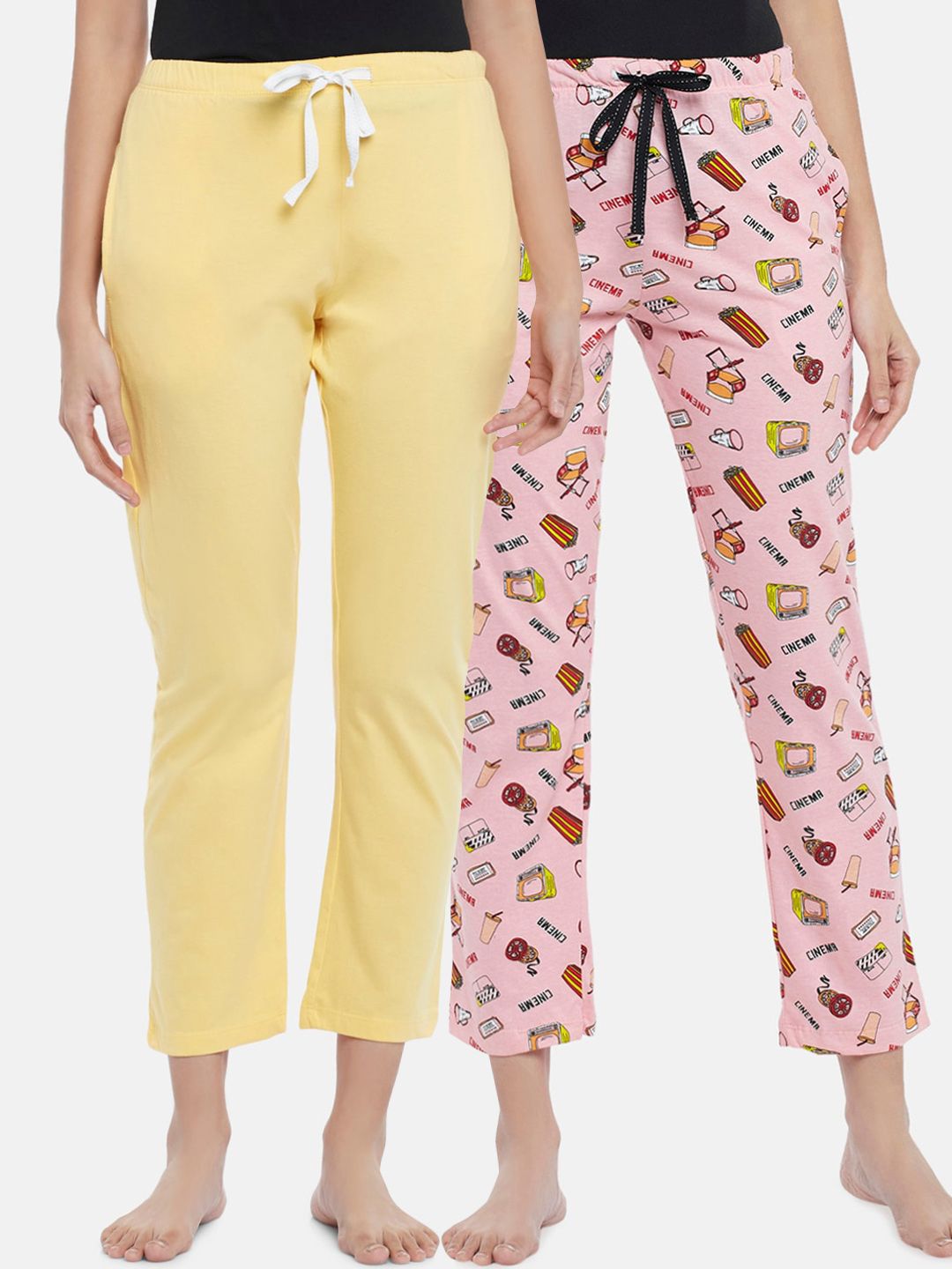 Dreamz by Pantaloons Women Set of 2 Yellow & Pink Printed Cotton Lounge Pants Price in India