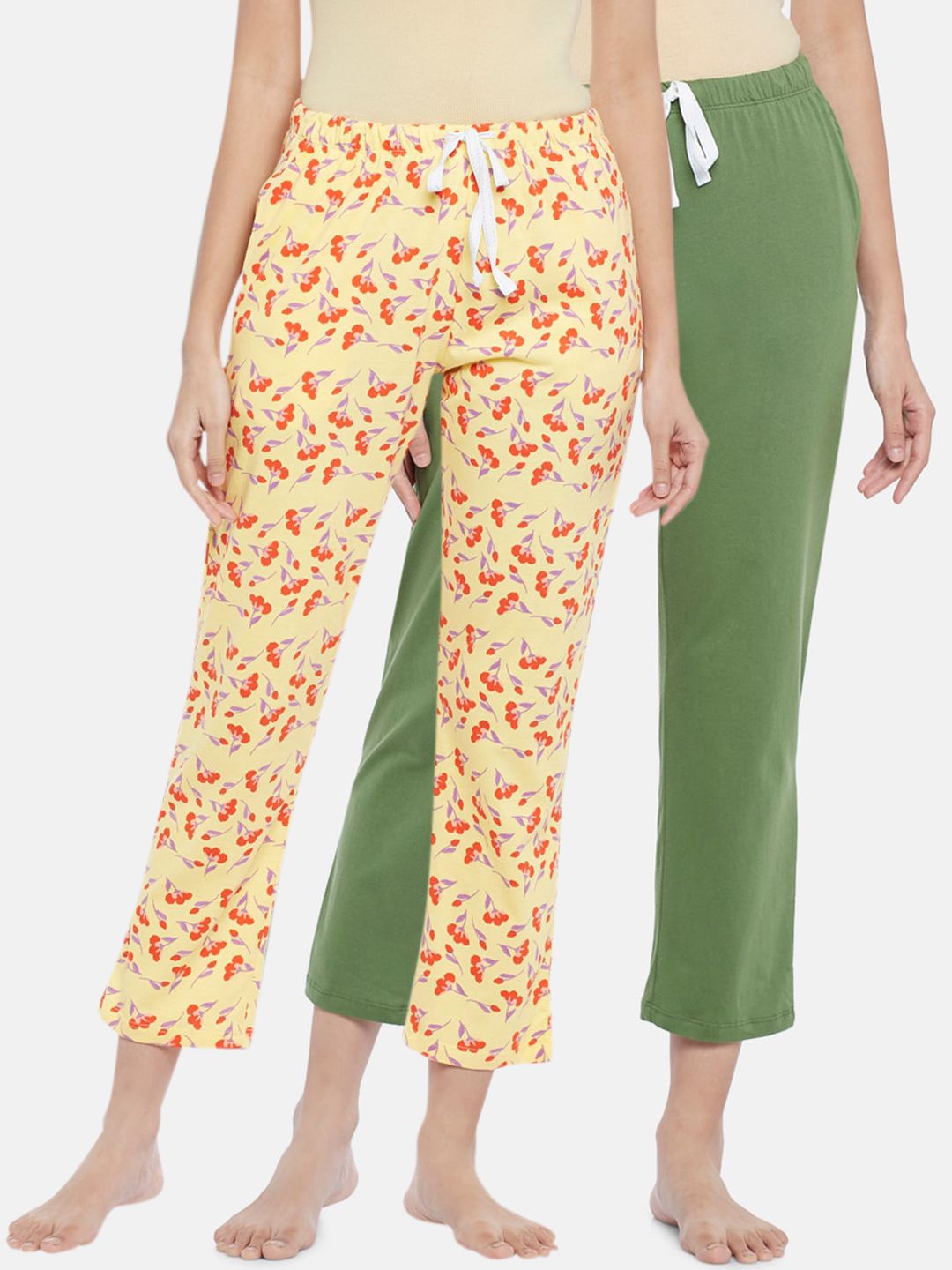 Dreamz by Pantaloons Women Set of 2 Yellow & Green Printed Cotton Lounge Pants Price in India