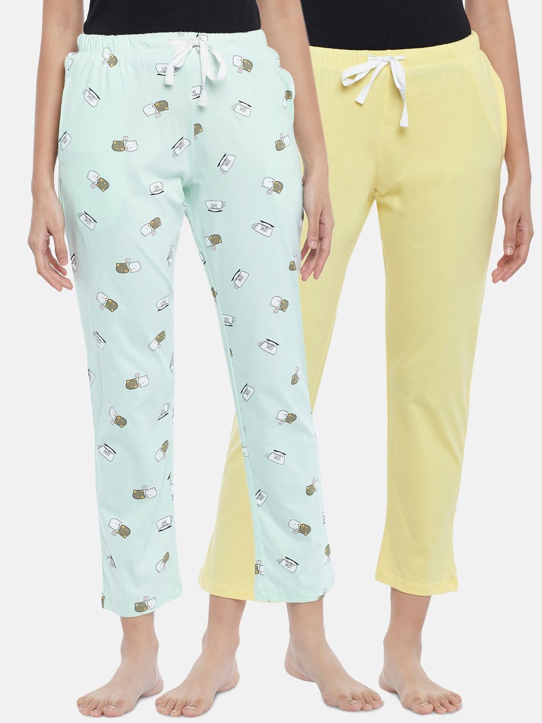 Dreamz by Pantaloons Women Set of 2 Blue & Yellow Printed Cotton Lounge Pants Price in India