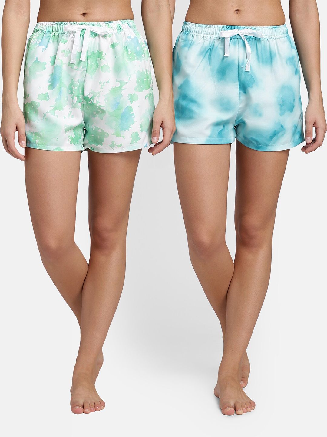 Bellofox Women Pack of 2 Green & White Tie & Die Printed Lounge Shorts Price in India