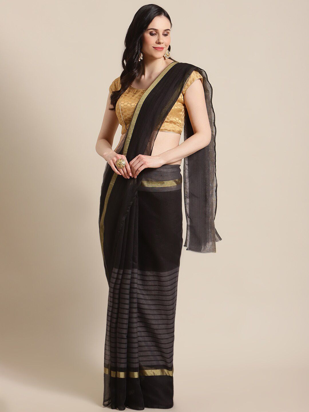 KALINI Black Striped Zari Pure Cotton Saree
