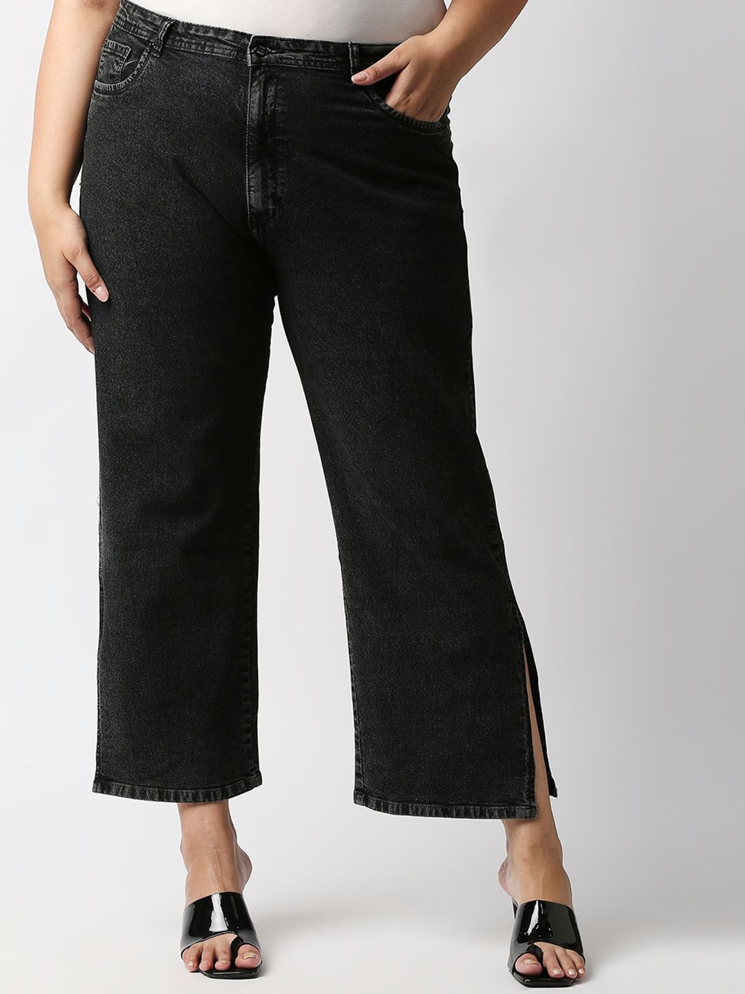 High Star Women Plus Size Black Wide Leg High-Rise Stretchable Jeans Price in India