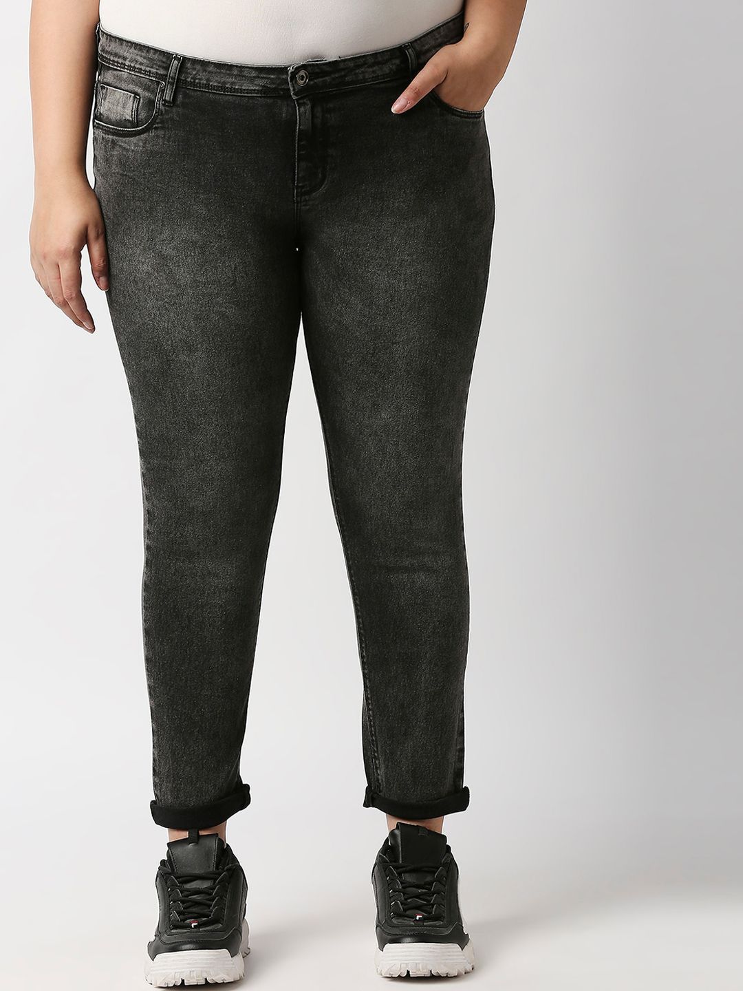 High Star Women Plus Size Charcoal Grey Slim Fit Heavy Fade Acid Wash Stretchable Jeans Price in India