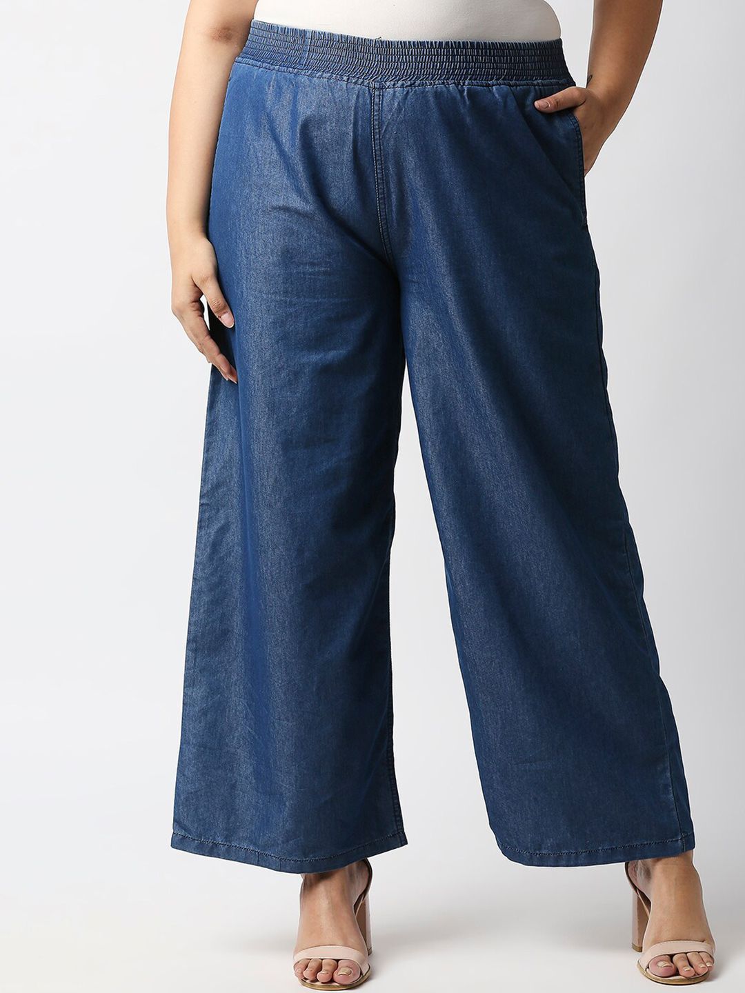High Star Women Plus Size Blue Solid Wide Leg Palazzos