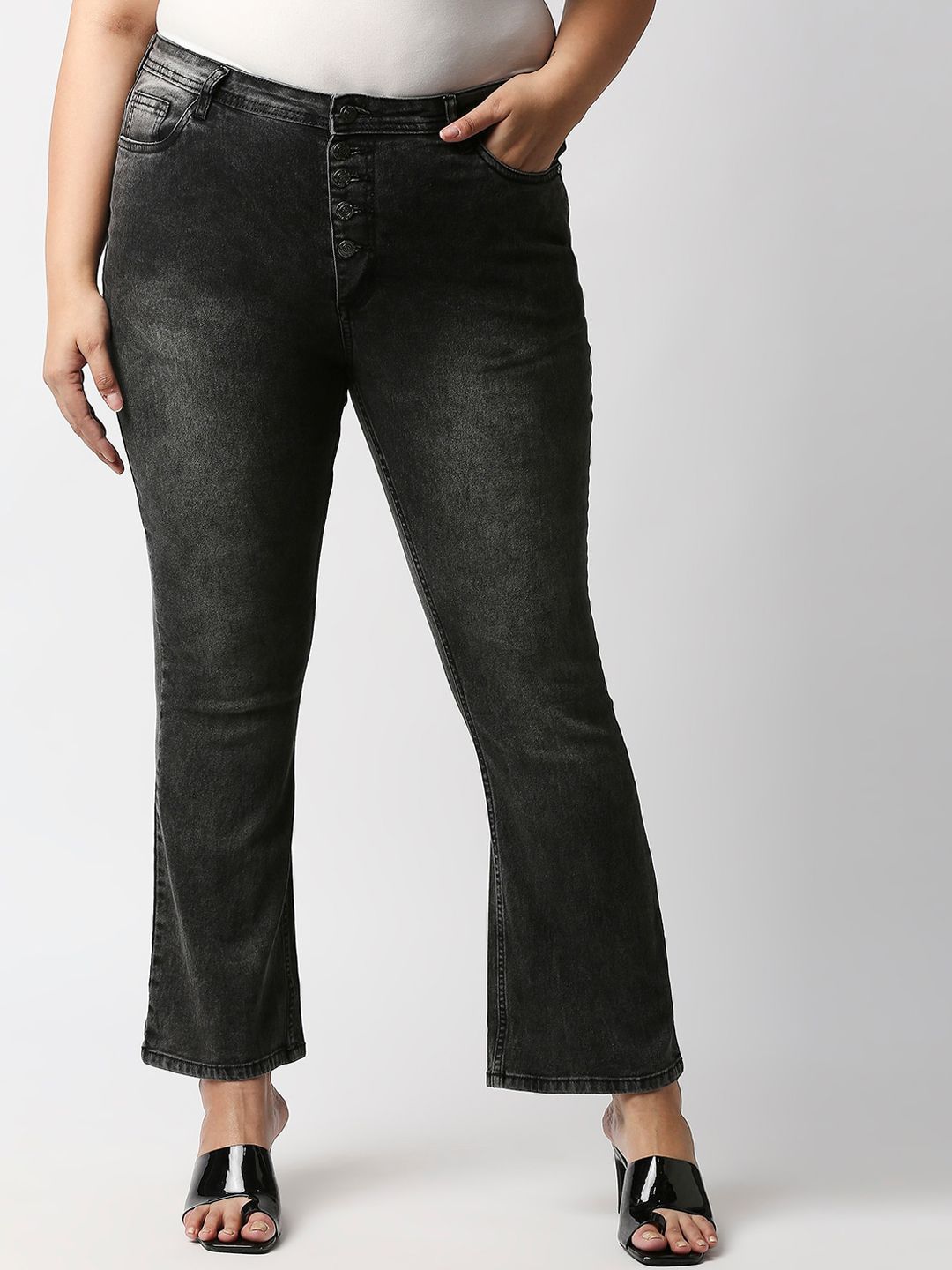 High Star Women Plus Size Black Bootcut Light Fade Stretchable Jeans Price in India