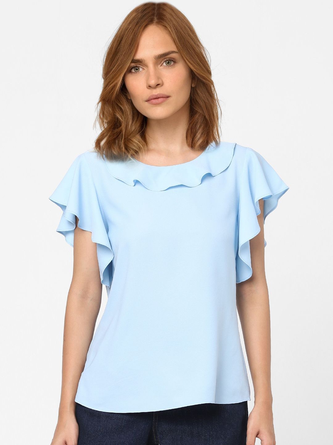 Vero Moda Blue Solid Ruffled Flutter Sleeves Top