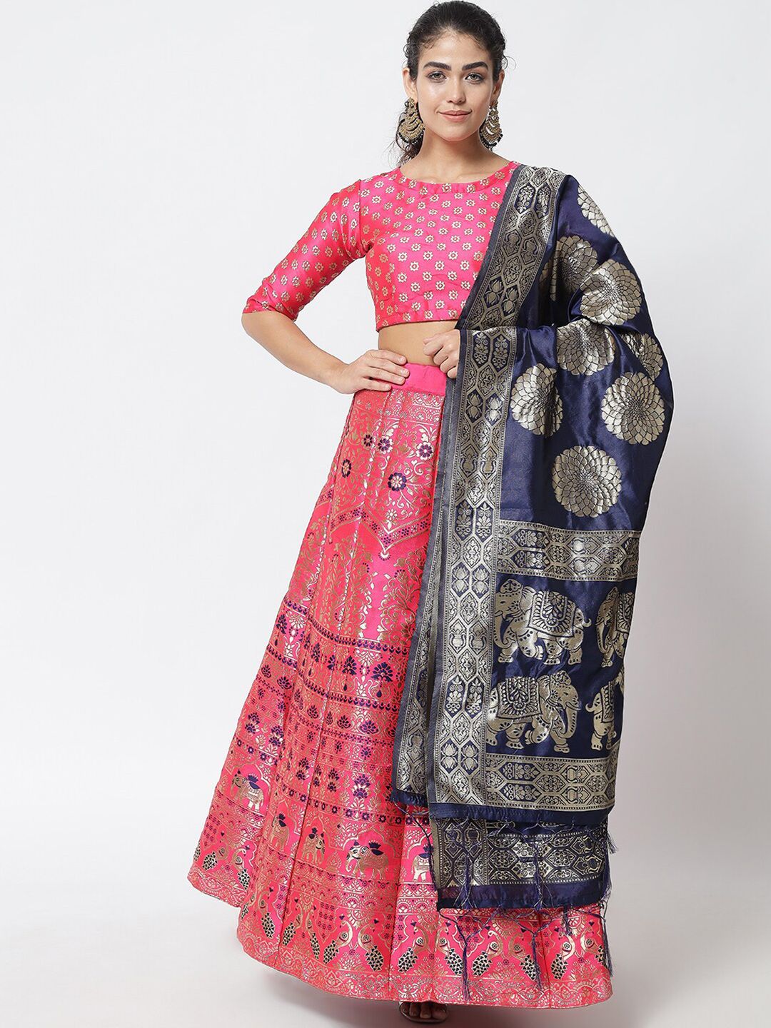 DIVASTRI Pink & Navy Blue Semi-Stitched Lehenga & Unstitched Blouse With Dupatta Price in India