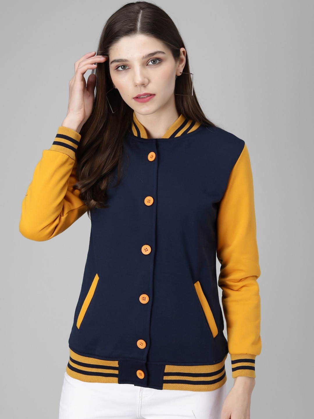 Darzi Women Navy Blue Colourblocked Fleece Bomber with Embroidered Jacket Price in India