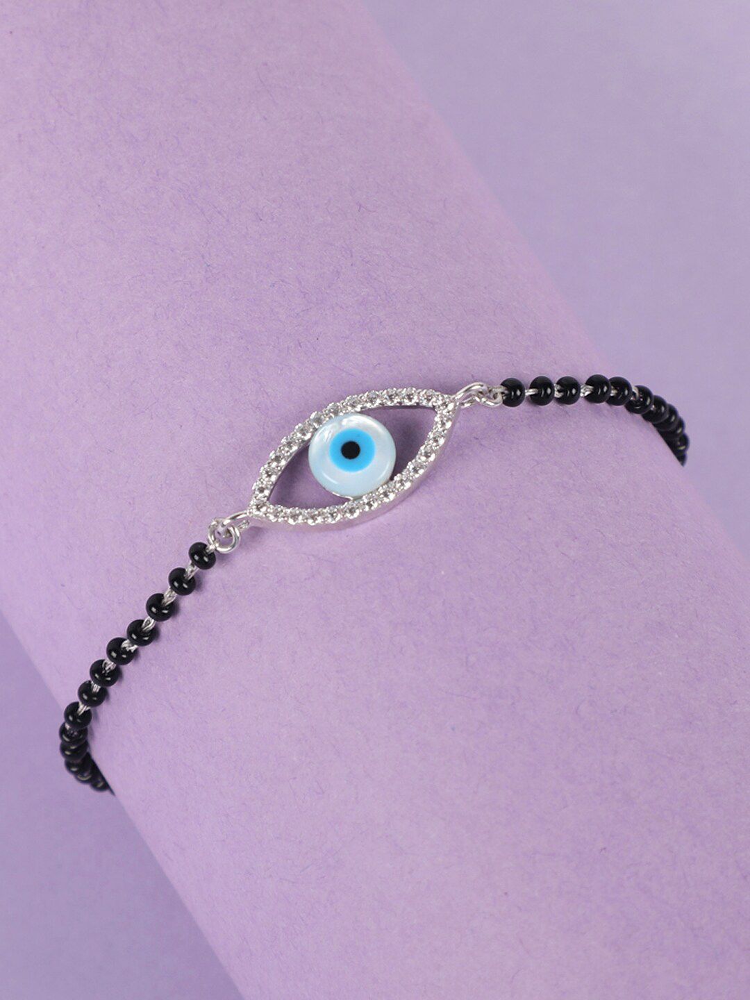 Clara Women Silver-Toned & Black Rhodium-Plated Evil Eye Mangalsutra Bracelet Price in India