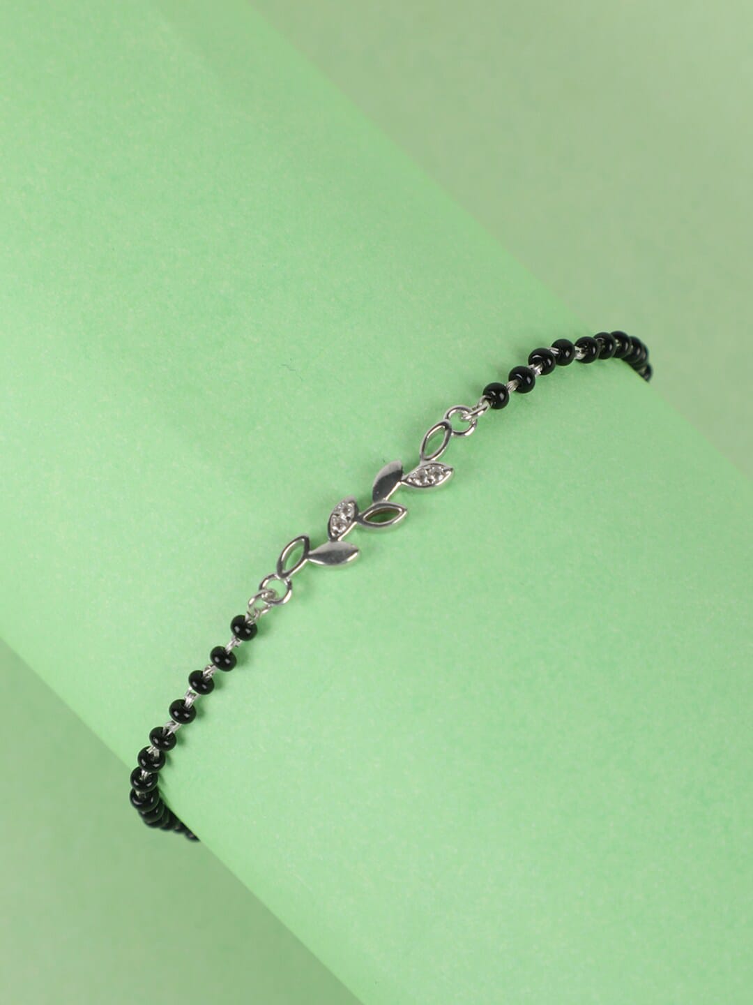 Clara Women Silver-Toned & Black Sterling Silver Rhodium-Plated Leaf Mangalsutra Bracelet