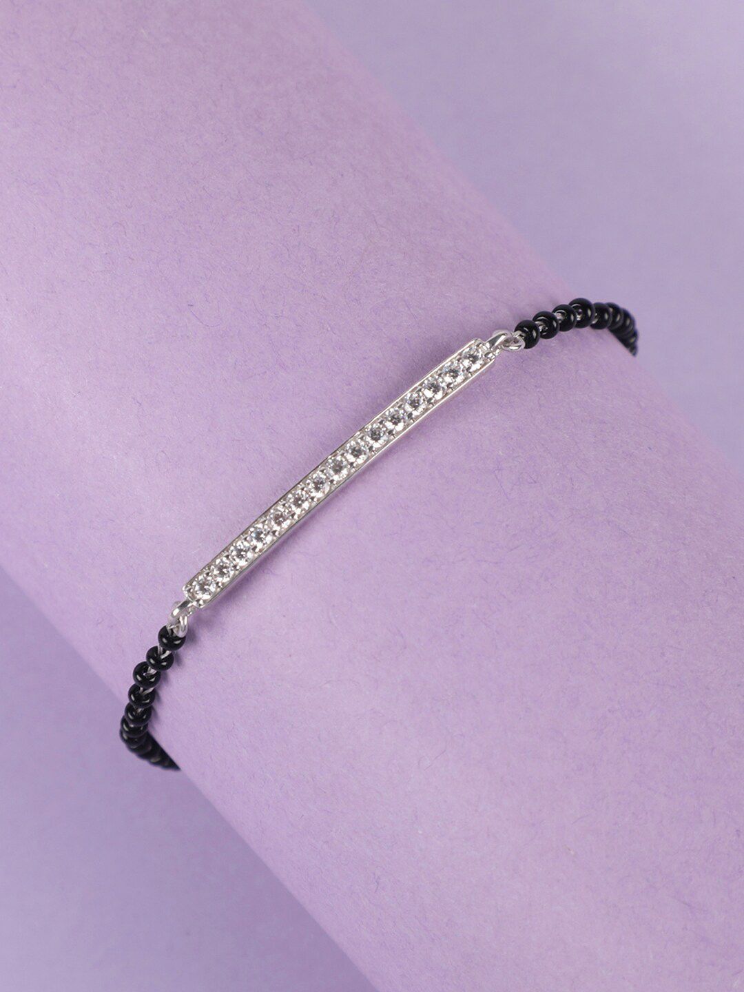 Clara Women Silver-Toned & Black Sterling Silver Cubic Zirconia Mangalsutra Link Bracelet Price in India