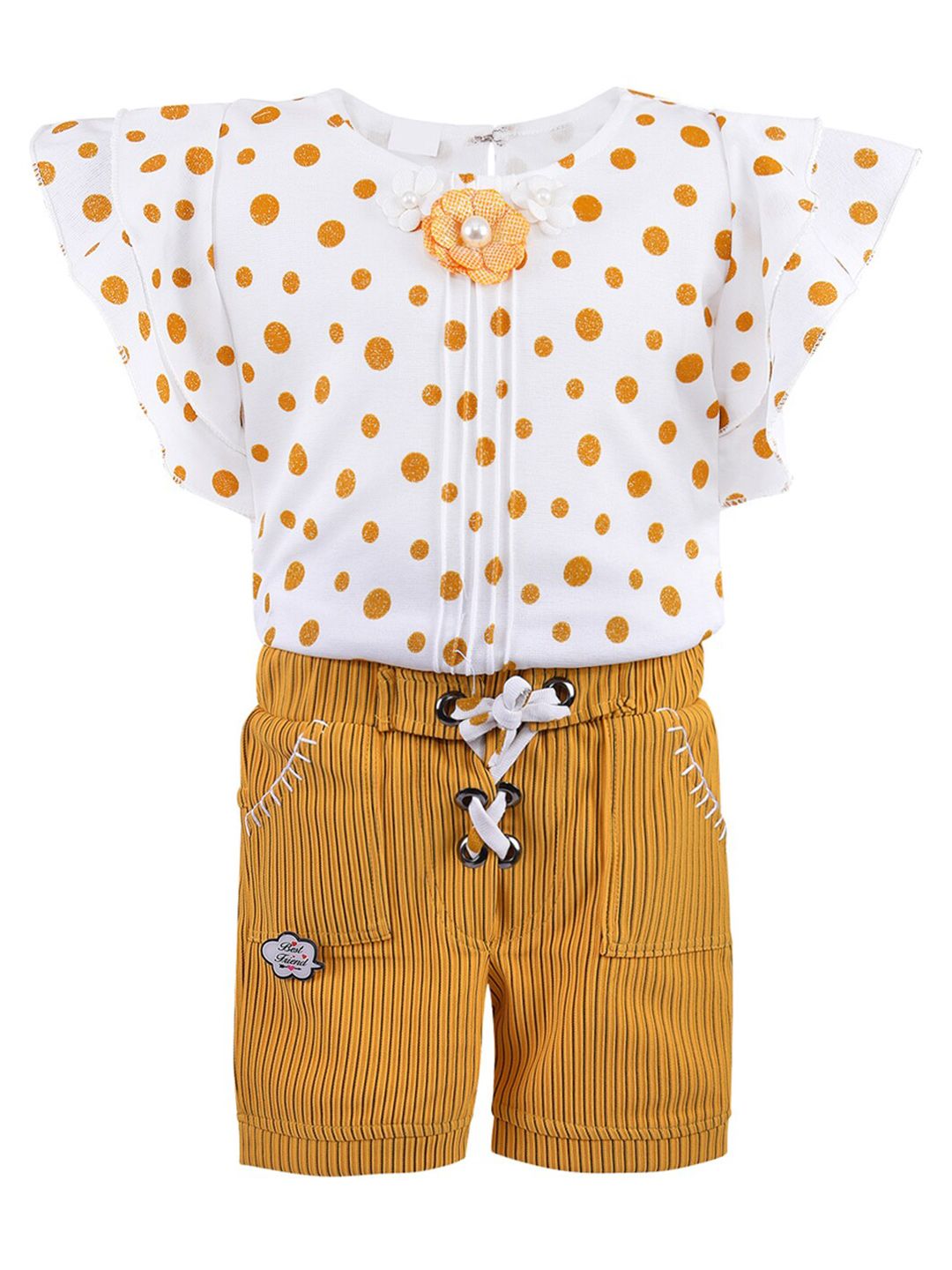 Wish Karo Girls Mustard & Off White Printed Top with Shorts