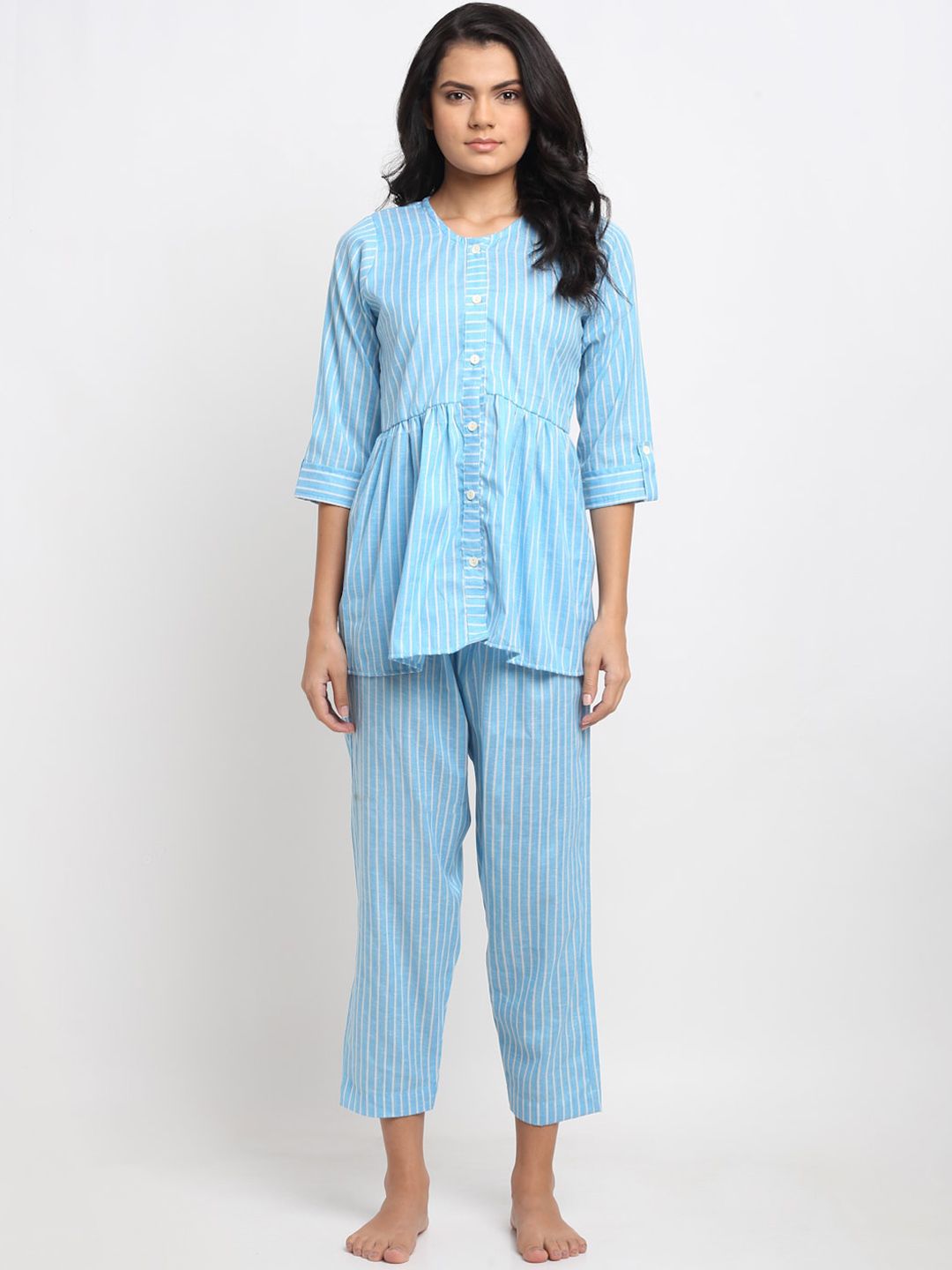 Aujjessa Women Blue & White Striped Night suit Price in India