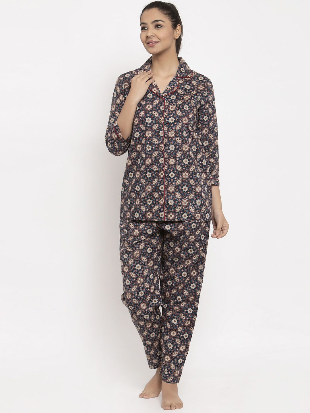 Aujjessa Women Blue & Beige Printed Cotton Night suit Price in India