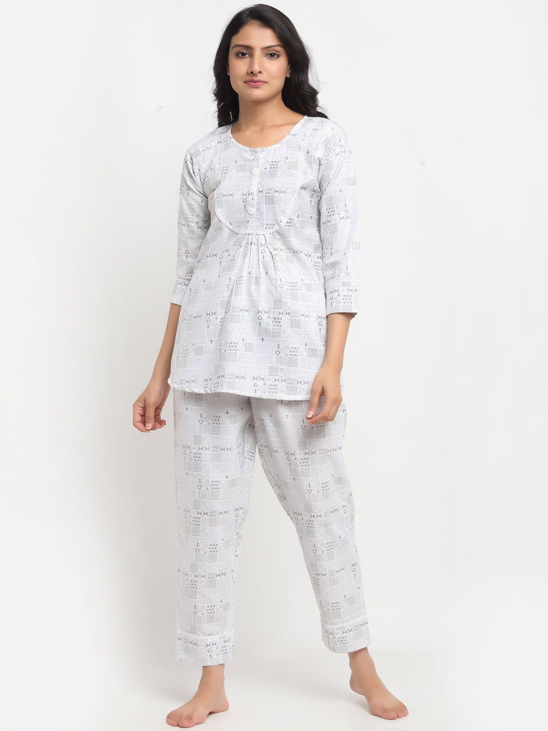 Aujjessa Women White & Grey Printed Night suit Price in India