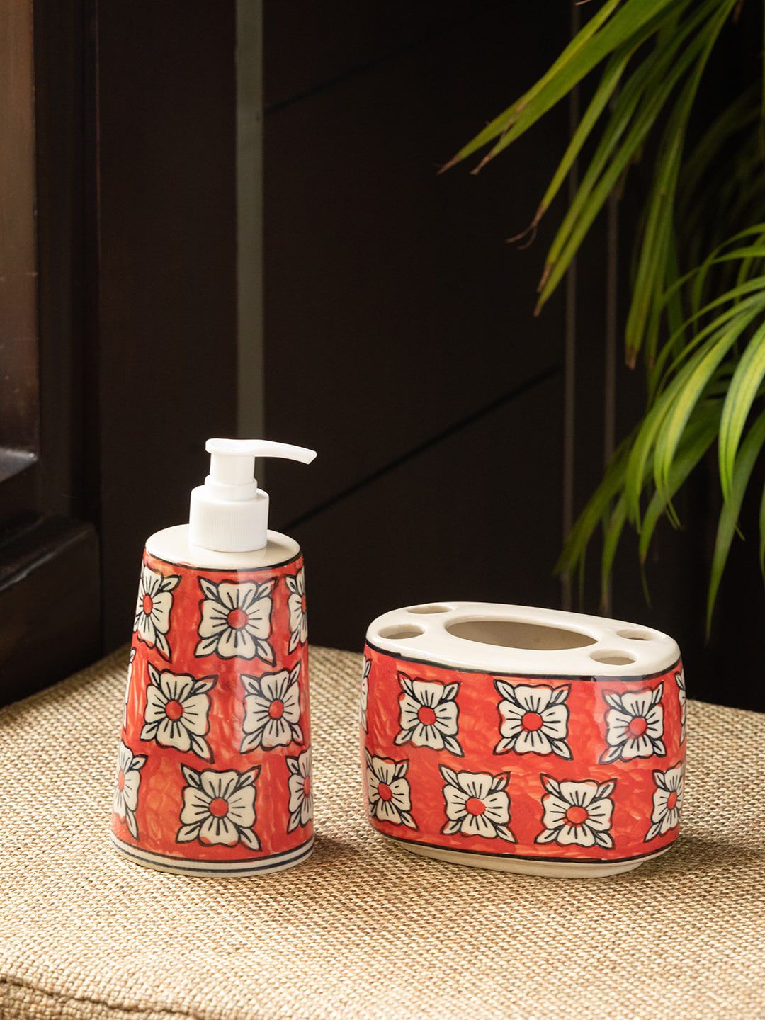 ExclusiveLane Pack of 2 Red & White Handpainted Ceramic Bathroom Accessories Price in India