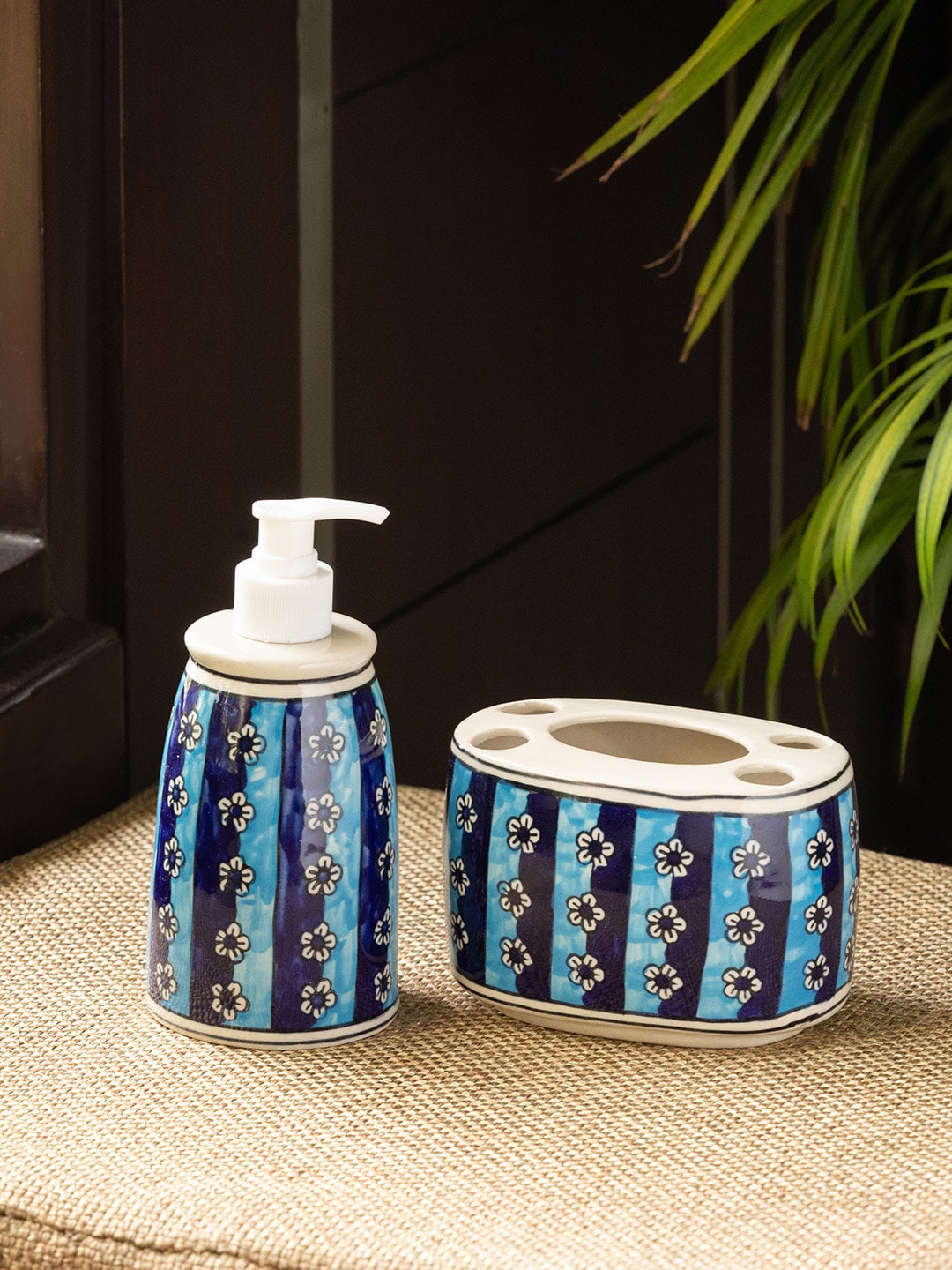 ExclusiveLane Blue & Navy Blue Printed Ceramic  Bathroom Accessories Price in India