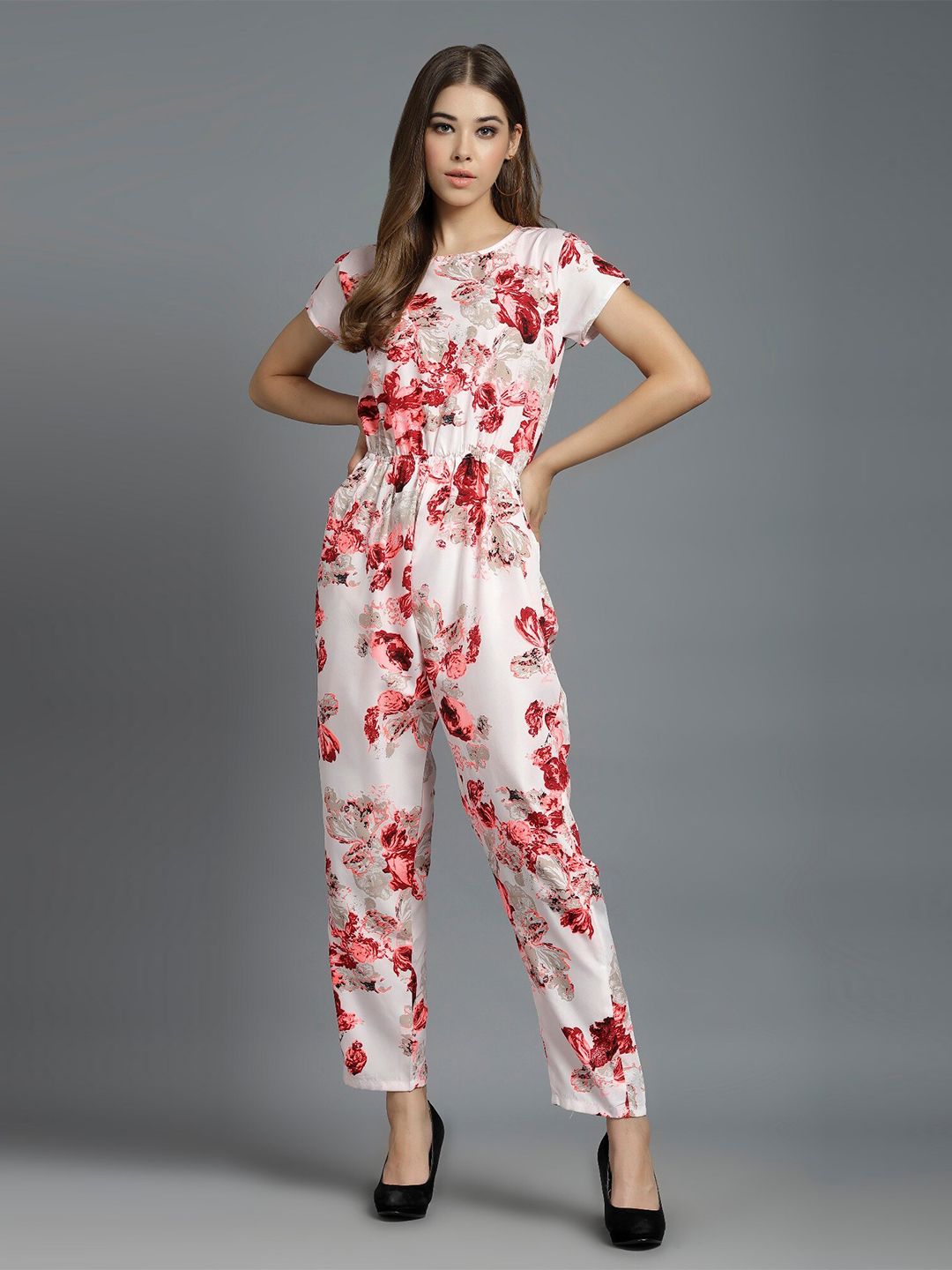 Darzi Pink & White Printed Basic Jumpsuit Price in India