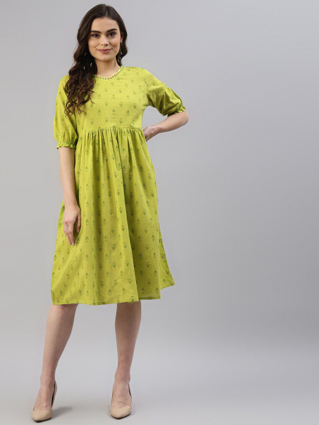 DESI BEATS Green Ethnic Motifs Empire Pure Cotton Dress Price in India