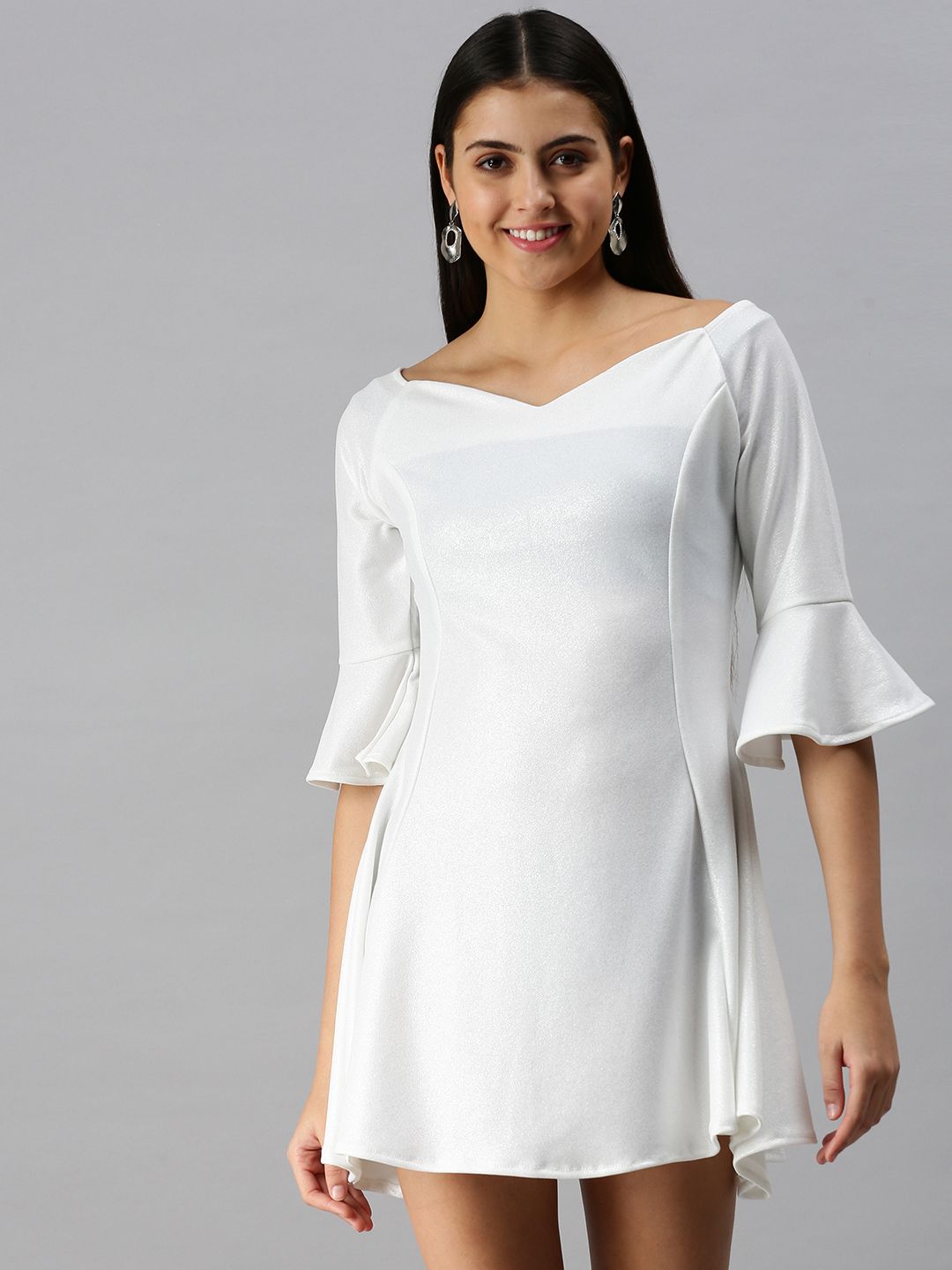 SHOWOFF Women White Solid Fit and Flare Scuba Dress Price in India