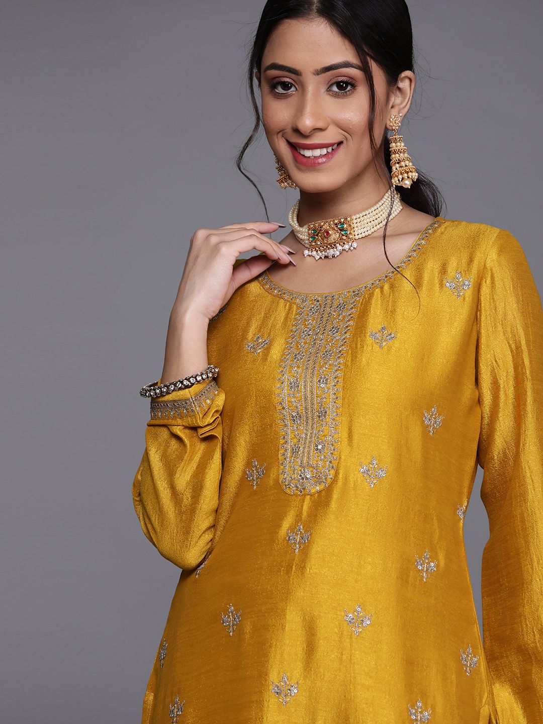 Libas Women Yellow Floral Motifs Sequins Work Kurta Price in India
