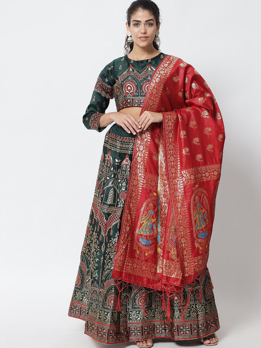 DIVASTRI Green & Red Printed Semi-Stitched Lehenga & Unstitched Blouse With Dupatta Price in India
