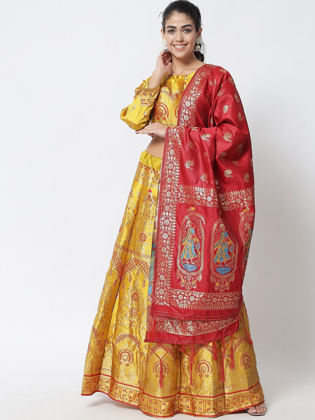 DIVASTRI Yellow & Red Printed Semi-Stitched Lehenga & Unstitched Blouse With Dupatta Price in India