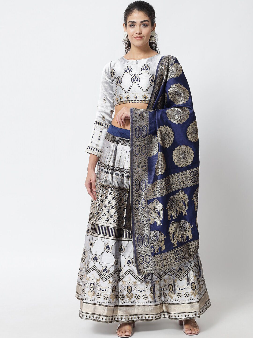 DIVASTRI White & Blue Printed Semi-Stitched Lehenga & Unstitched Blouse With Dupatta Price in India