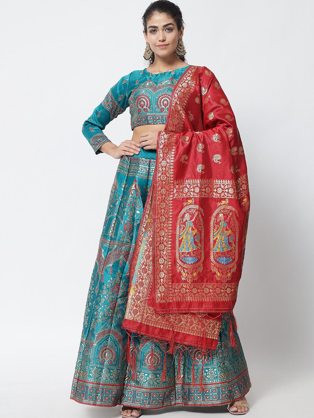 DIVASTRI Women Turquoise Blue & Red Printed Semi-Stitched Lehenga Choli With Dupatta Price in India
