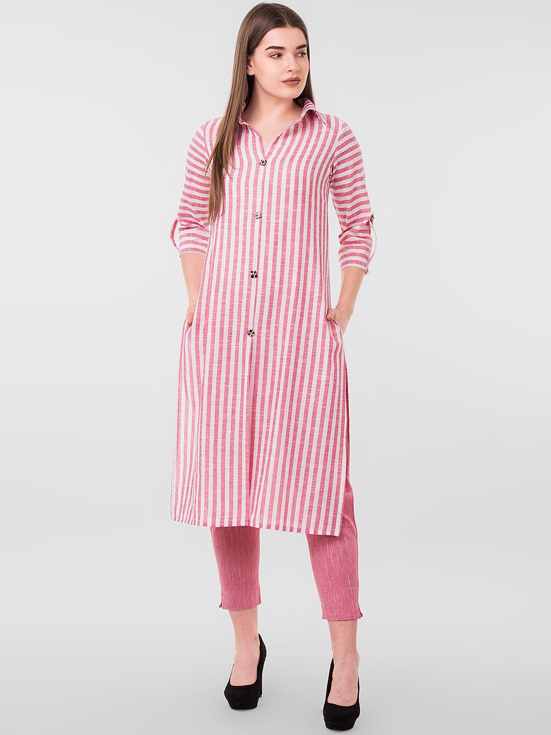 KALINI Women Pink Striped Pleated Kurta with Trousers Price in India