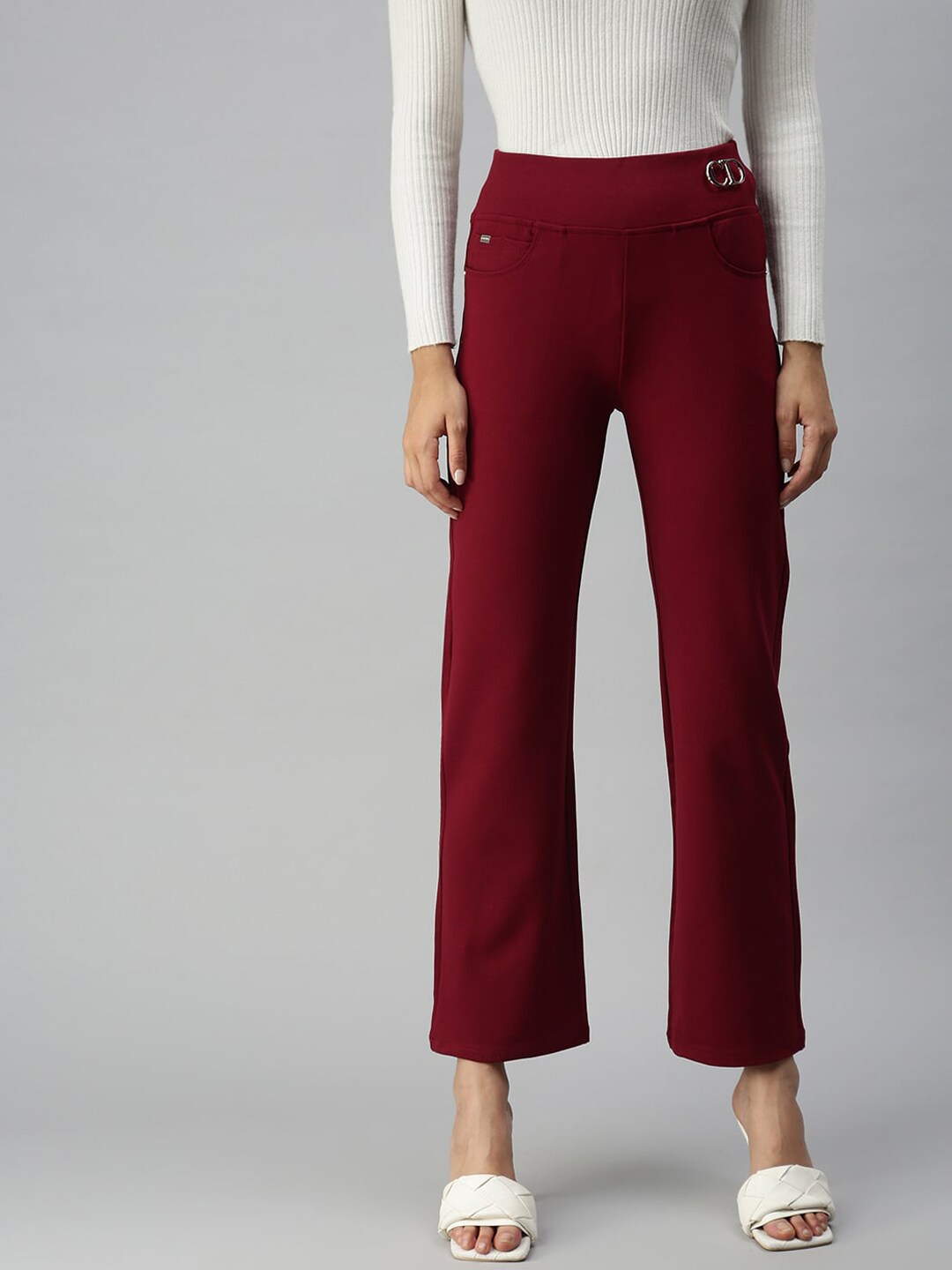 SHOWOFF Women Maroon Jean Straight Fit High-Rise Stretchable Jeans Price in India