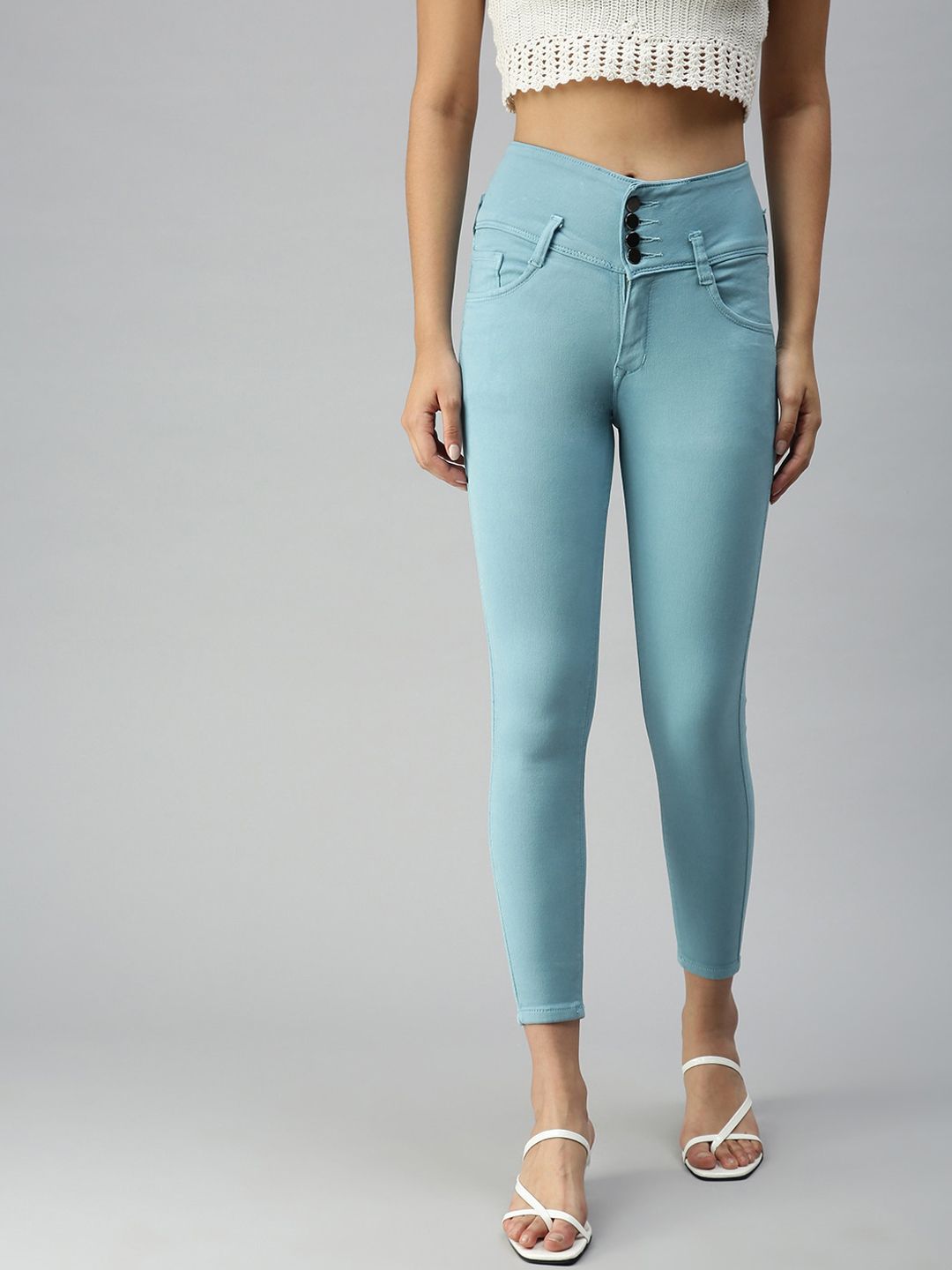 SHOWOFF Women Turquoise Blue Jean Skinny Fit High-Rise Stretchable Jeans Price in India