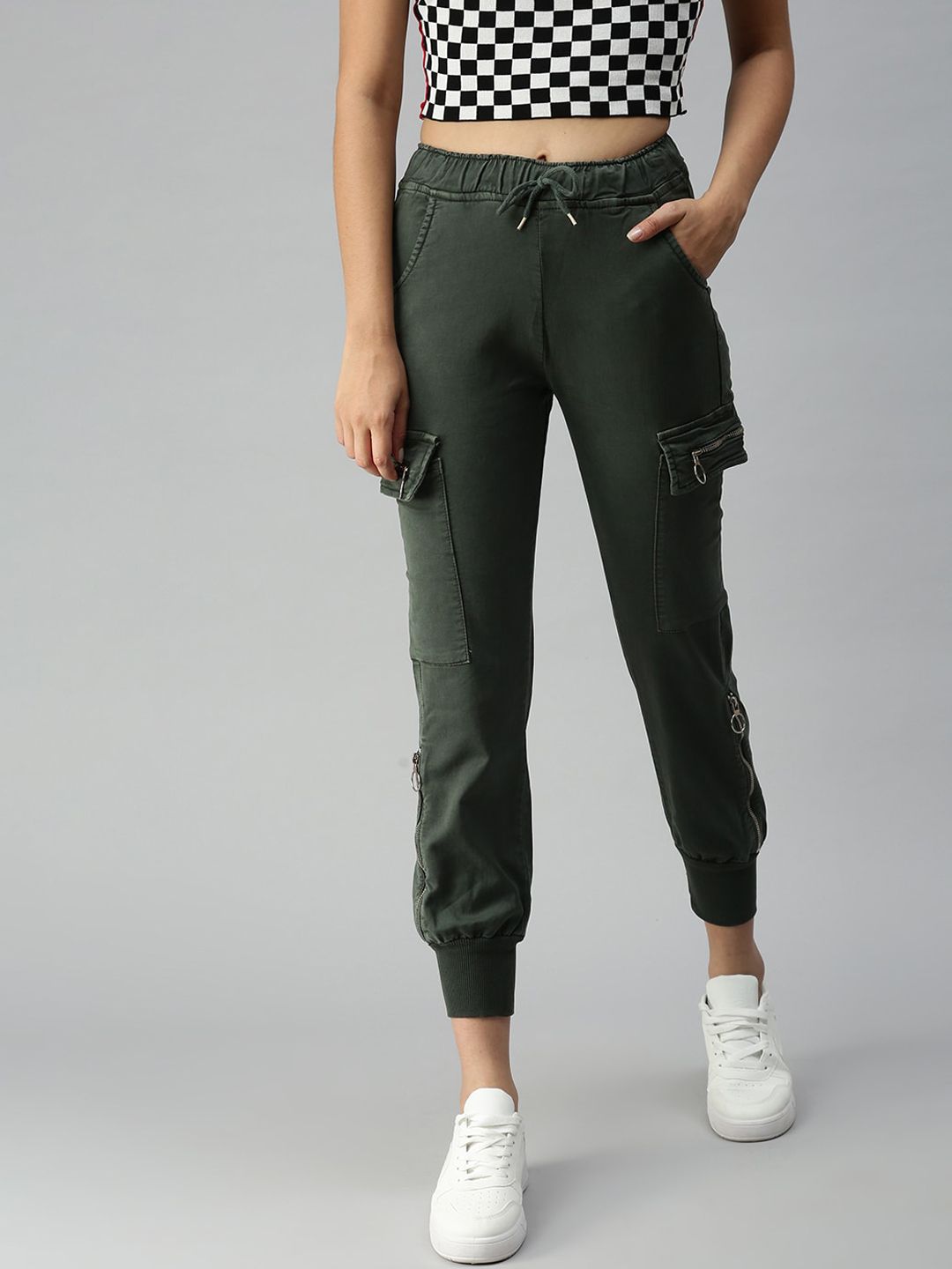 SHOWOFF Women Olive Green Jean Jogger High-Rise Low Distress Stretchable Jeans Price in India