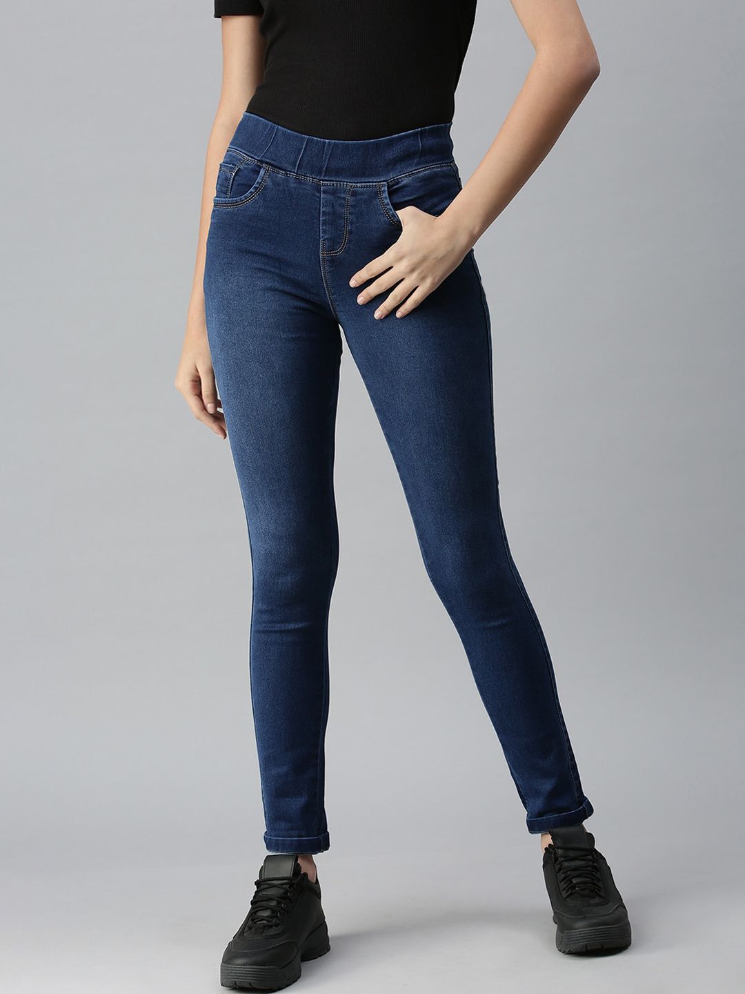 SHOWOFF Women Navy Blue Jean Skinny Fit High-Rise Stretchable Jeans Price in India