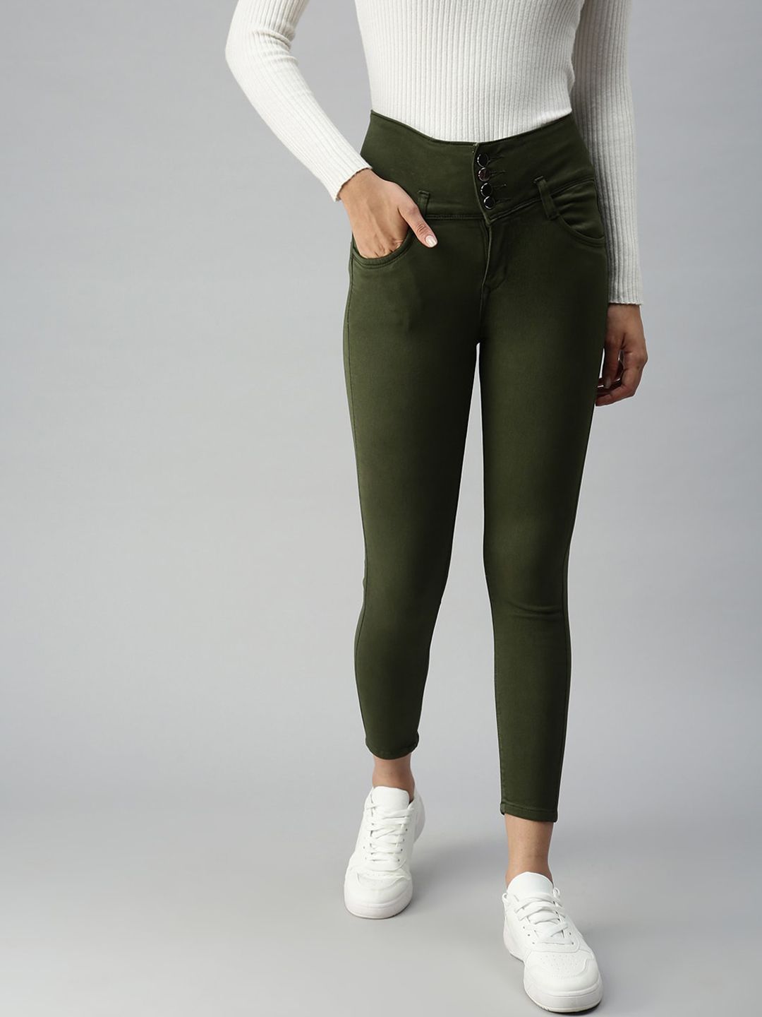 SHOWOFF Women Olive Green Jean Skinny Fit High-Rise Stretchable Jeans Price in India