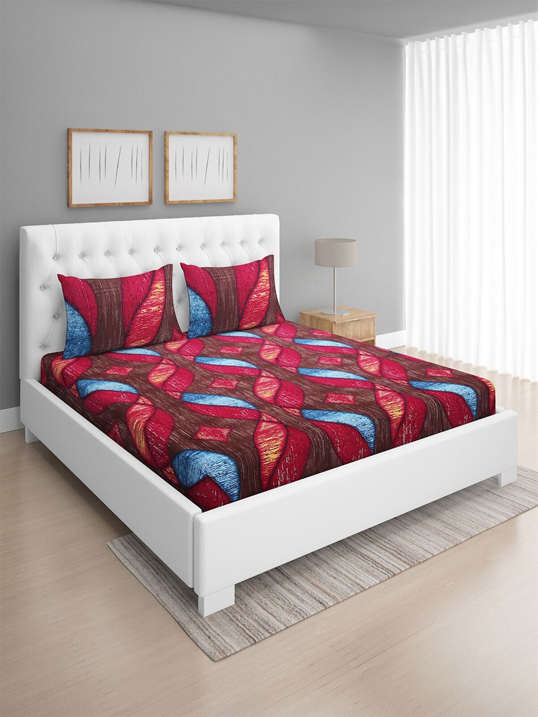 ROMEE Brown & Blue Geometric 144 TC Queen Cotton Bedsheet with 2 Pillow Covers Price in India