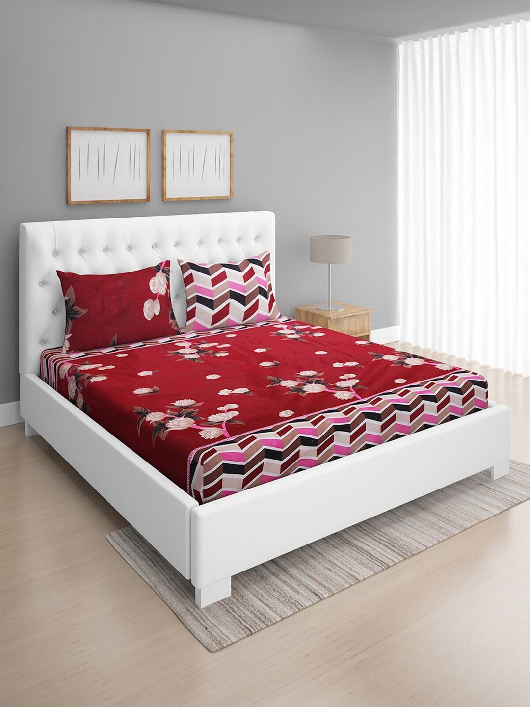 ROMEE Maroon & Pink Floral 144 TC Cotton Double Bedsheet with 2 Pillow Covers Price in India