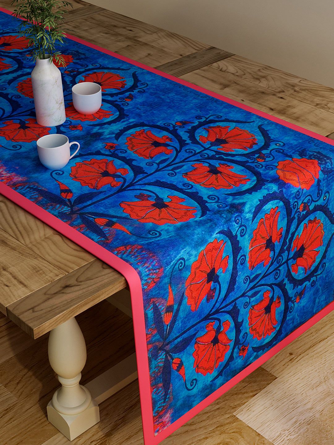 SEJ by Nisha Gupta Blue & Red Floral Print Rectangular 48" x 13" Cotton Table Runner Price in India