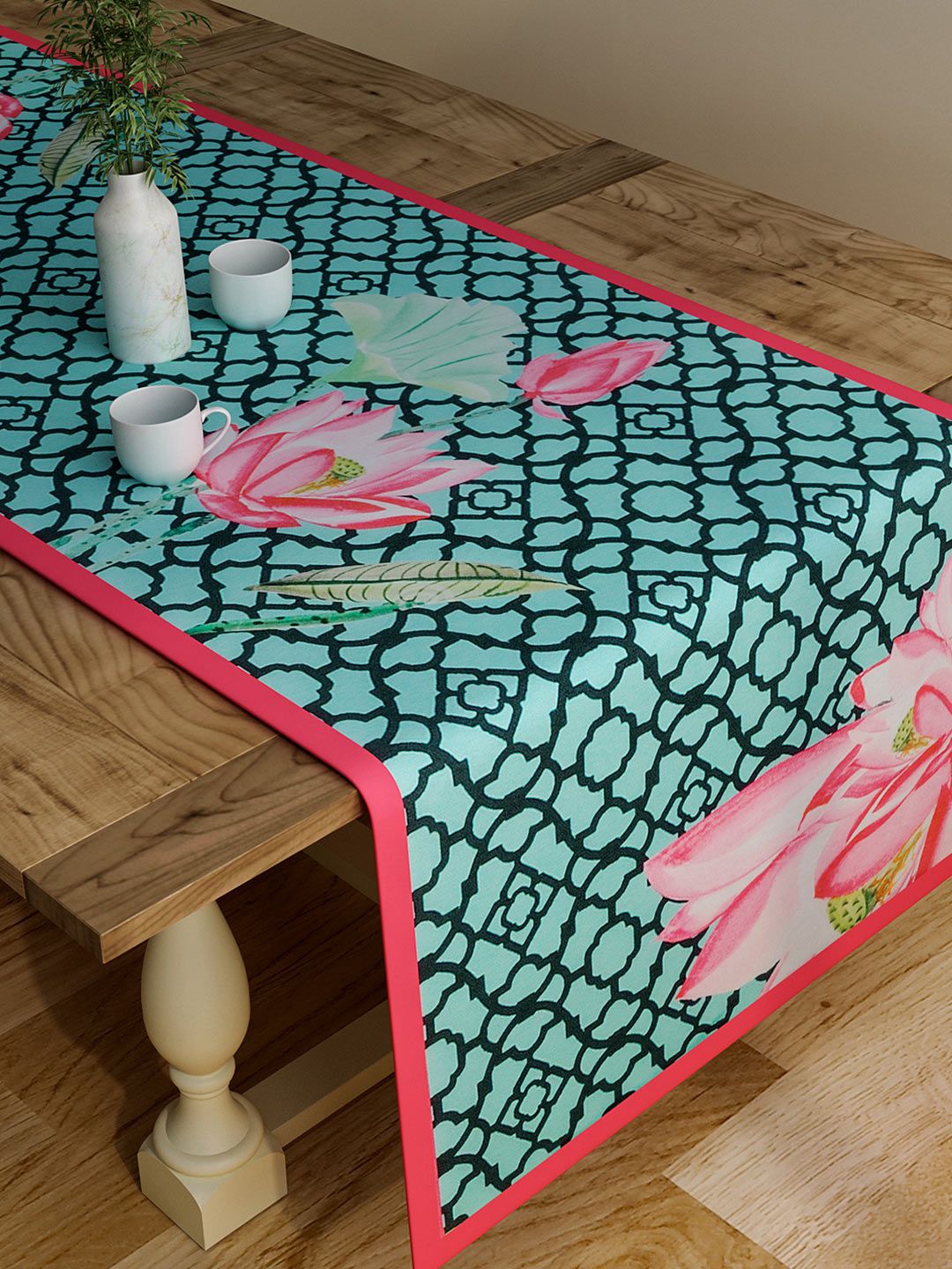 SEJ by Nisha Gupta Sea Green & Pink Floral Print Rectangular 48" x 13" Cotton Table Runner Price in India