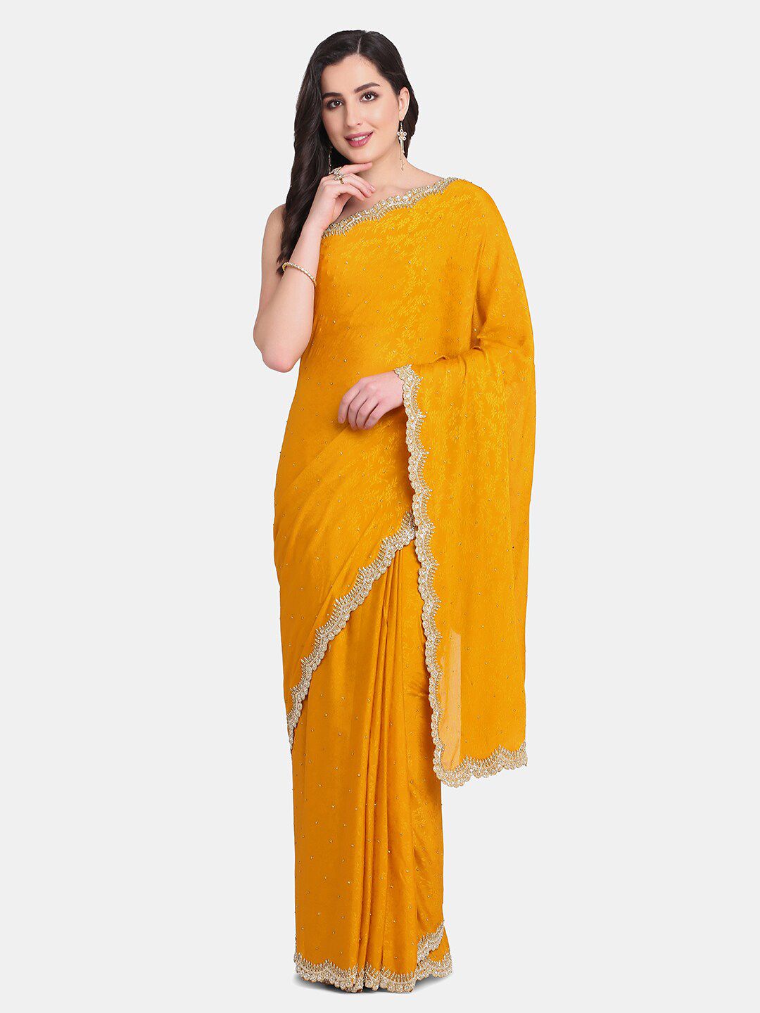 BOMBAY SELECTIONS Yellow & Gold-Toned Embellished Pure Crepe Saree Price in India